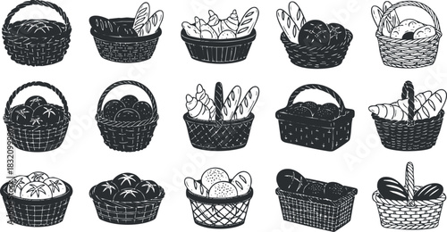 A collection of various food baskets containing bread, fruits, and vegetables in black and white outline vector style, ideal for culinary designs and food-related projects