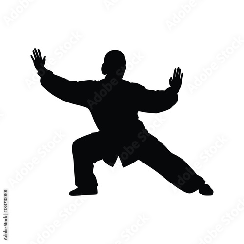 Silhouette of a person practicing martial arts in a traditional uniform against a white background