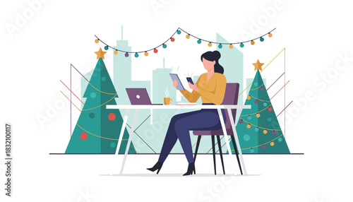 Woman working remotely during the holidays using devices near Christmas trees