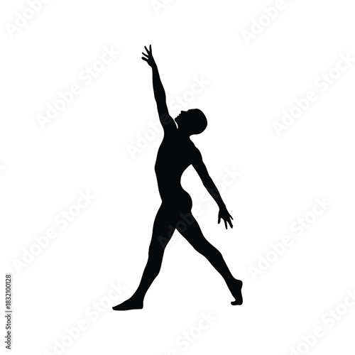 Silhouette of a graceful dancer reaching upwards with one arm extended against a clean white background