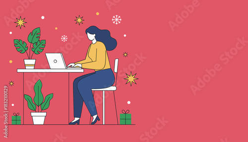 Businesswoman working remotely during winter holidays Flat illustration showing seasonal work