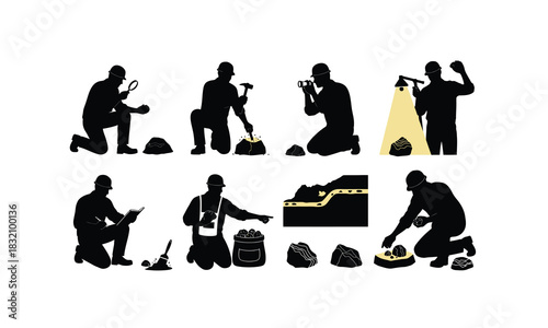 Silhouette of a geologist carefully examining rock samples in various poses isolated on white background