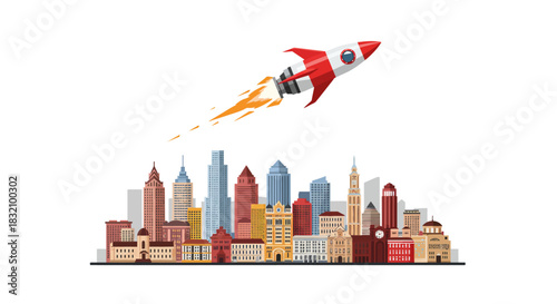 Rocket Launching Above City Skyline Business Startup Success and Innovation