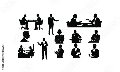 Hr manager conducting job interviews in various poses a distinct silhouette style isolated on white background