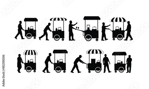 Silhouette of an ice cream seller pushing a cart with various poses isolated on white background