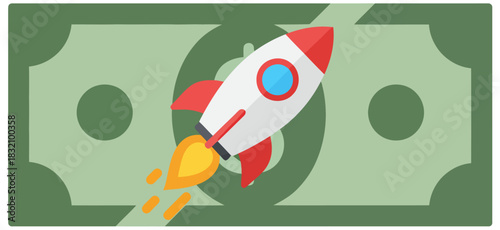 Financial Growth Rocket Dollar Bill and Startup Illustration