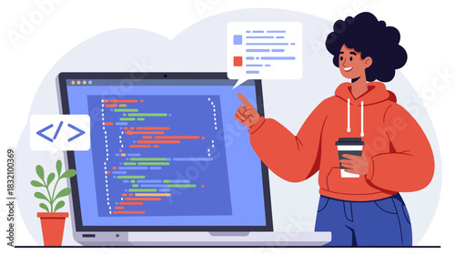 Female Developer Coding on Laptop Digital Design and Software Development Concept