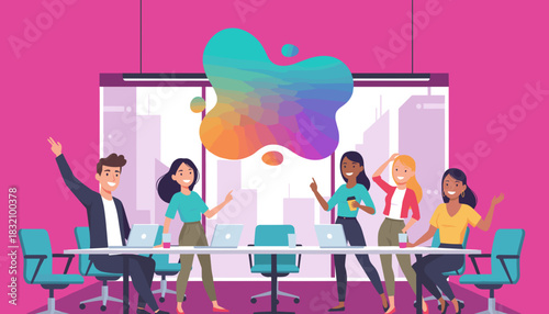 Happy business team collaborating on fresh ideas in a vibrant office setting