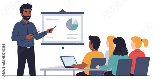 Business Presentation with Diverse Team Instructor Explaining Pie Chart
