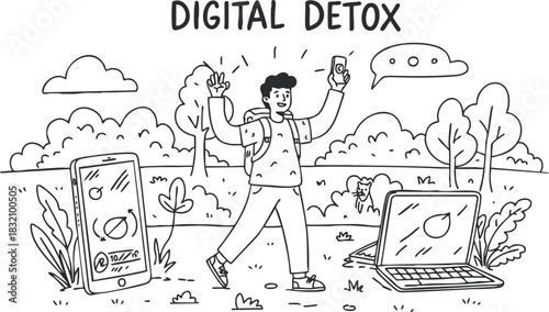 A person enjoying a digital detox in nature, illustrated in black and white minimalist vector style, suitable for health and wellness themes