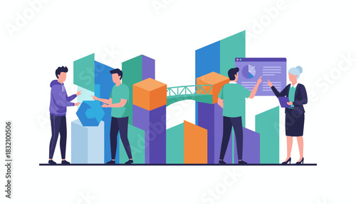 Team collaborating on business analysis data visualization and technological connection