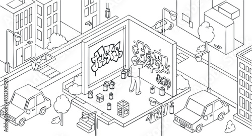 A street artist creating graffiti on a wall in an isometric urban setting, featuring minimalist vector style, perfect for creative projects and urban culture themes