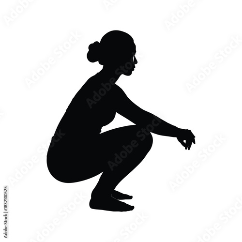 Silhouette of a woman in a deep squatting pose seen from the side against a white background