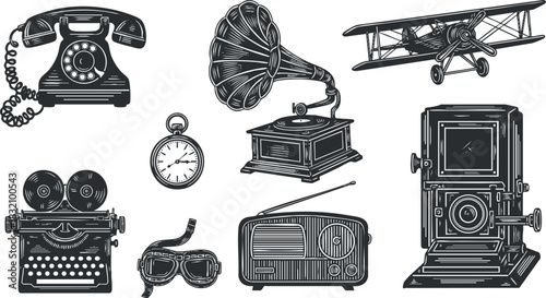 A collection of vintage objects including a telephone, typewriter, gramophone, and biplane in black and white outline style, perfect for retro-themed designs