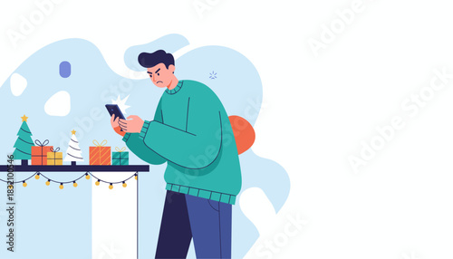 Angry man checks his smartphone during the Christmas holiday experiencing digital frustration