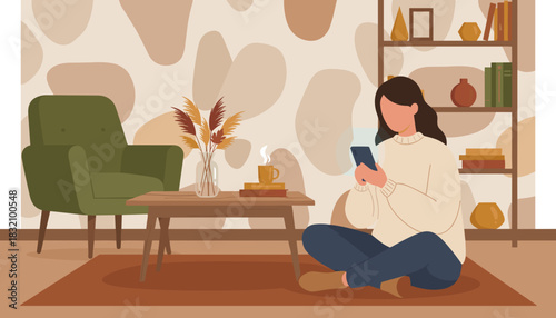 Woman relaxing on the floor at home using her smartphone in a modern cozy living room