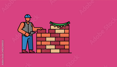 Mason building a chimney decorated with Christmas lights on a pink background Holiday construction work