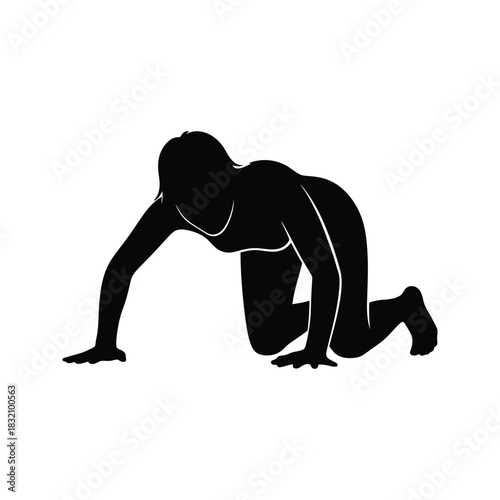 Silhouette of a woman in a yoga pose on her hands and knees against a white background