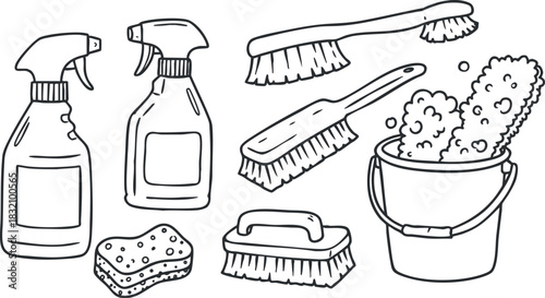 A collection of cleaning supplies including spray bottles, brushes, a sponge, and a bucket in outline vector style, perfect for cleaning service branding
