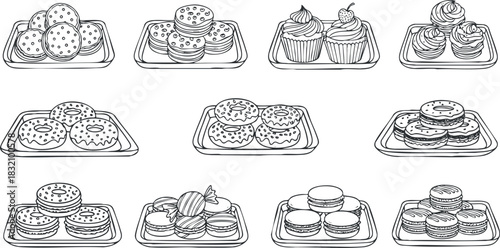 A collection of various desserts including cupcakes, donuts, and macarons in black and white line art style, perfect for bakery menus and food illustrations