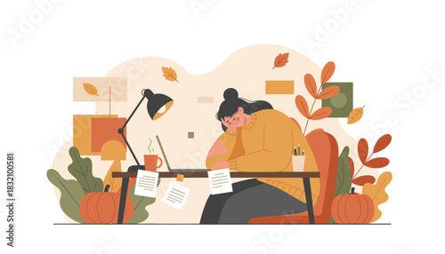 Tired woman works late at her desk in cozy autumn setting Stress study or burnout concept