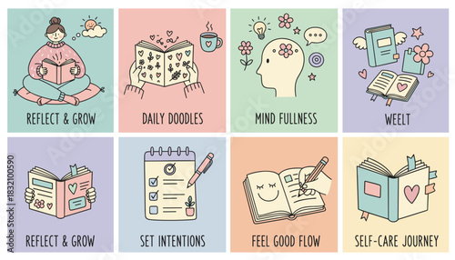 Pastel doodle set of selfcare activities reflection journaling intention setting and mental wellness