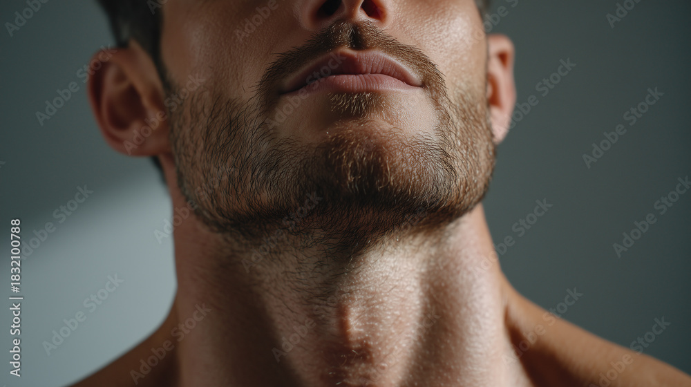 Obraz premium Close up of male neck muscles stretching during yoga, soft lighting highlights skin texture and facial hair, creating calm and focused atmosphere