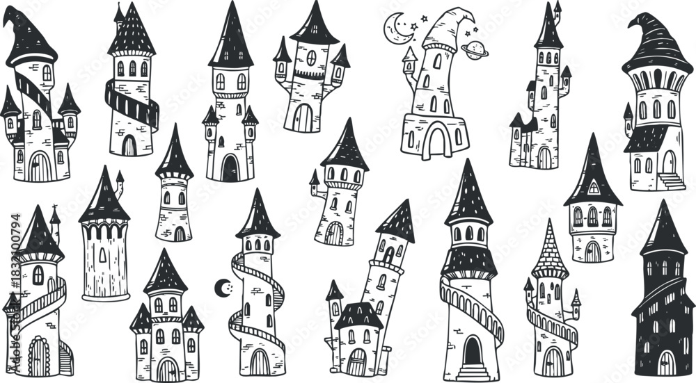 Fototapeta premium A collection of whimsical castles and towers in black and white doodle vector style, perfect for fantasy illustrations and children's books