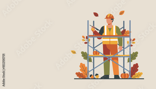 Fall construction worker on scaffolding surrounded by autumn leaves and pumpkins Seasonal industry concept