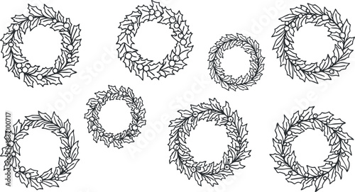 A collection of eight floral wreaths in outline vector style, perfect for seasonal decoration and crafting projects