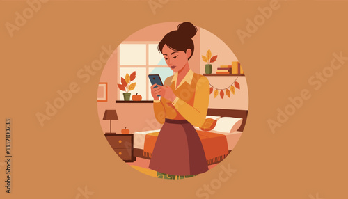 Woman using smartphone in an autumn bedroom digital communication cozy lifestyle illustration