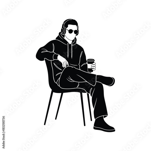 Stylish man wearing headphones and sunglasses holding a coffee cup while sitting on a chair