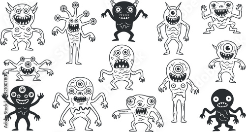 A collection of playful and quirky cartoon monsters in black and white outline vector style, ideal for Halloween-themed designs and children's illustrations