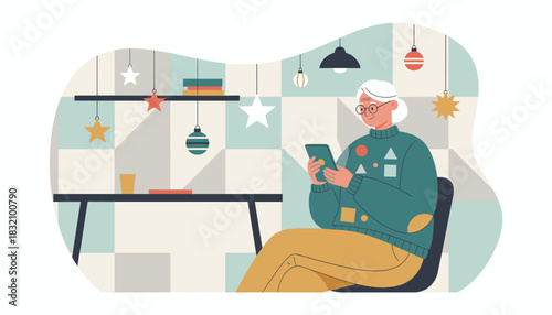 Smiling senior woman using a digital tablet indoors surrounded by modern seasonal decor