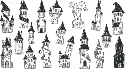 A collection of whimsical castles and towers in black and white doodle vector style, perfect for fantasy illustrations and children's books