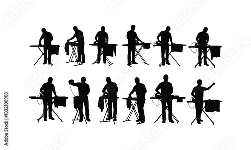 Collection of diverse laundry worker ironing clothes poses in a clean modern silhouette style isolated on white background