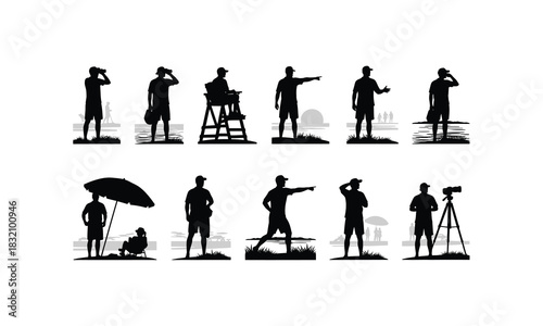 Collection of diverse lifeguard poses depicted as a silhouette showcasing vigilance and readiness isolated on white background
