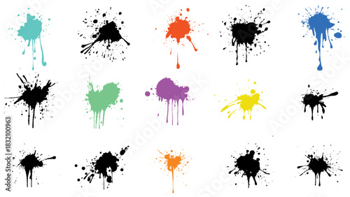 Big set of black splashes, blots and spots on a transparent background. Dynamic splashes of ink in different directions. Collection of realistic ink splatters for creating creative textures