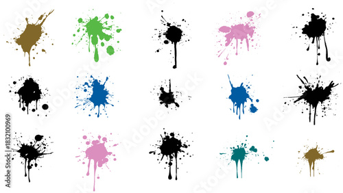 Big set of black splashes, blots and spots on a transparent background. Dynamic splashes of ink in different directions. Collection of realistic ink splatters for creating creative textures