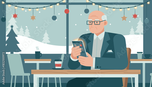 Senior businessman reviewing charts on phone in a festive cafe during snowy winter day
