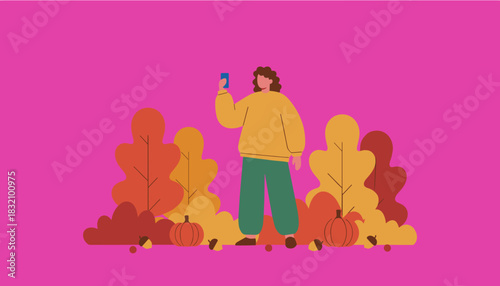 Casual person using smartphone in autumn foliage with pumpkins Flat vector illustration on pink