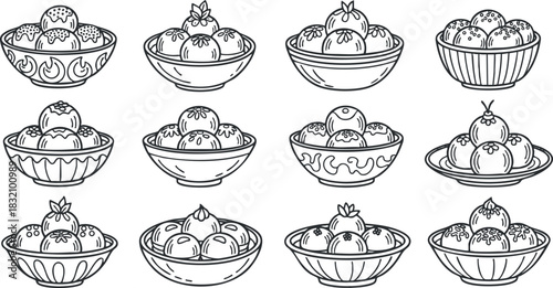 A collection of dessert bowls filled with various sweets and ice cream in black and white line art style, perfect for culinary designs and menus