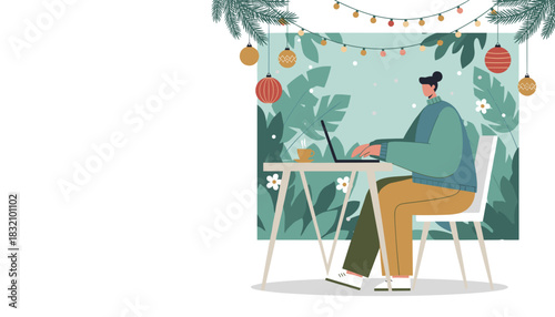 Working from home in a cozy decorated winter garden setting with a laptop and coffee
