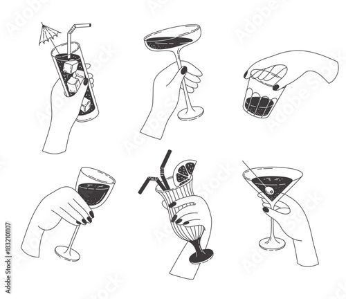 Set of hands holding various drinks in glasses and cup showcased through hand illustrations