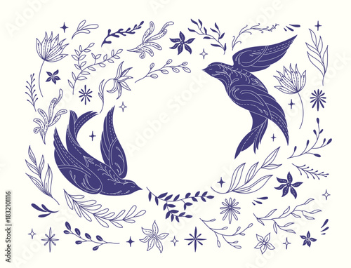 Decorative background showcasing flying birds, beautiful flowers and linear botanical elements on their wings