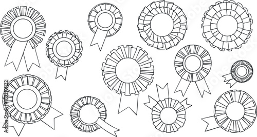 A collection of award ribbons and seals in clean outline vector style, suitable for recognition and achievement designs