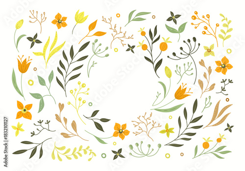 Colorful background with flowers, leaves and botanical elements. Vibrant floral illustration