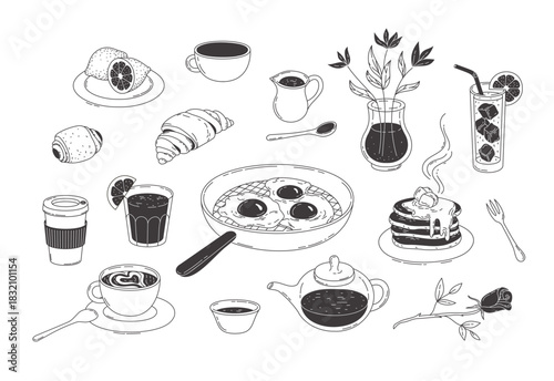 Set of delicious breakfast dishes and refreshing drinks, perfect for a good morning