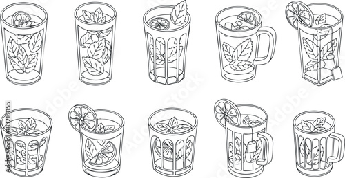 A collection of outline vector illustrations featuring various cocktails and drinks in glasses with mint and lime, perfect for summer beverage menus