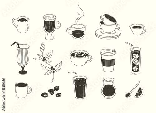 Set of sketches of various coffee drinks in cups and glasses